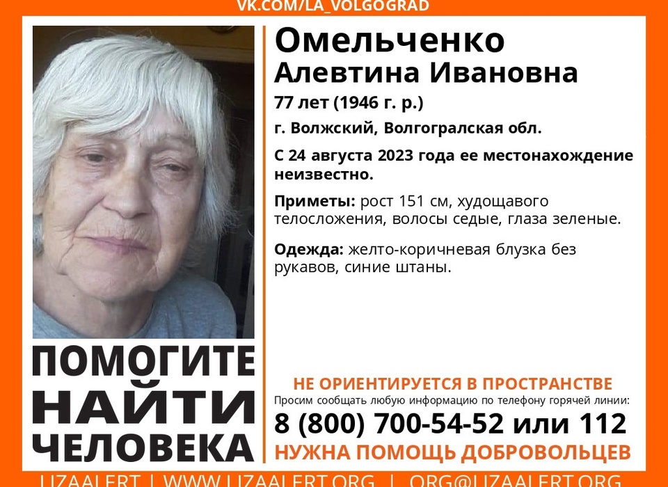 В Волгоградской области с 24 августа ищут без вести пропавшую 77-летнюю женщину