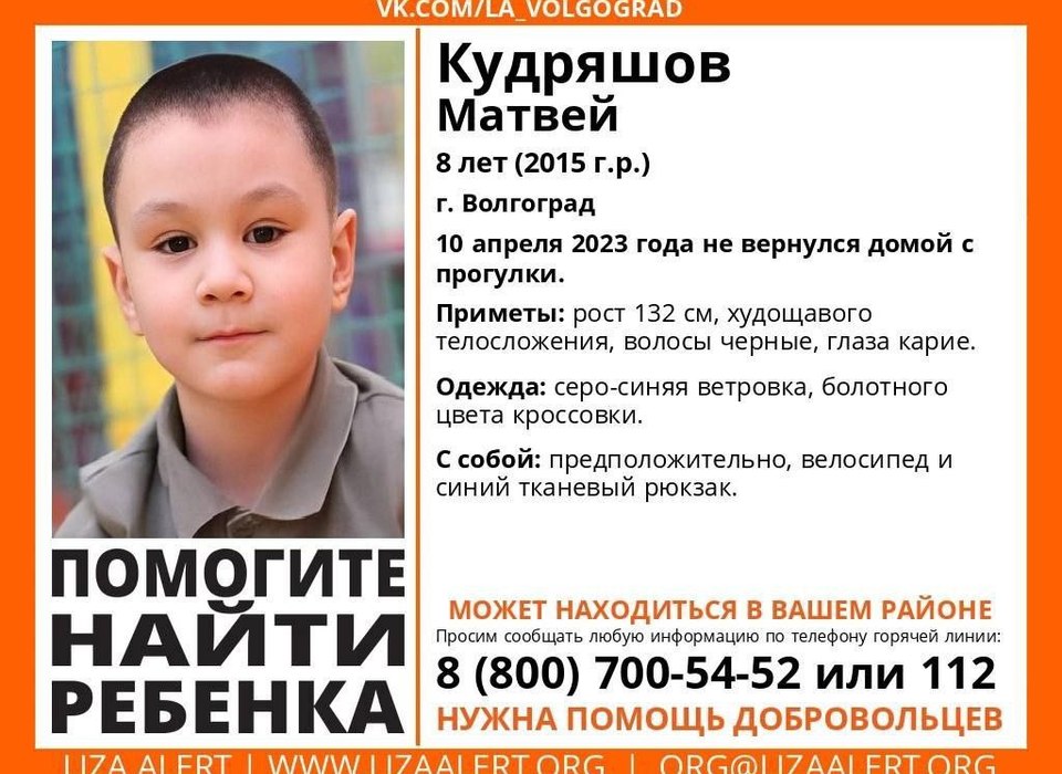 Восьмилетний мальчик 10 апреля не вернулся с прогулки в Волгограде